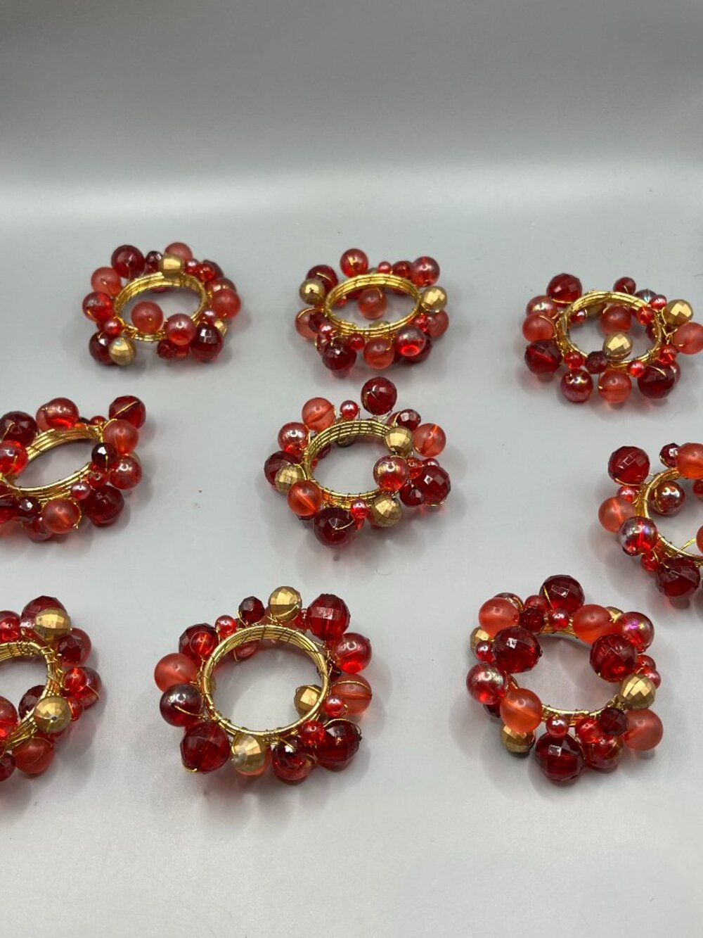 Set of 9 Handcrafted Red & Amber Beaded Napkin Rings – Holiday Thanksgiving...